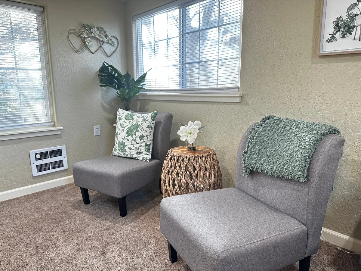 A stylish seating area with two grey chairs, a woven side table, a green throw blanket, and an indoor plant. The setup, with plant-print pillows, offers a tranquil spot for reading, relaxing, or intimate conversations.